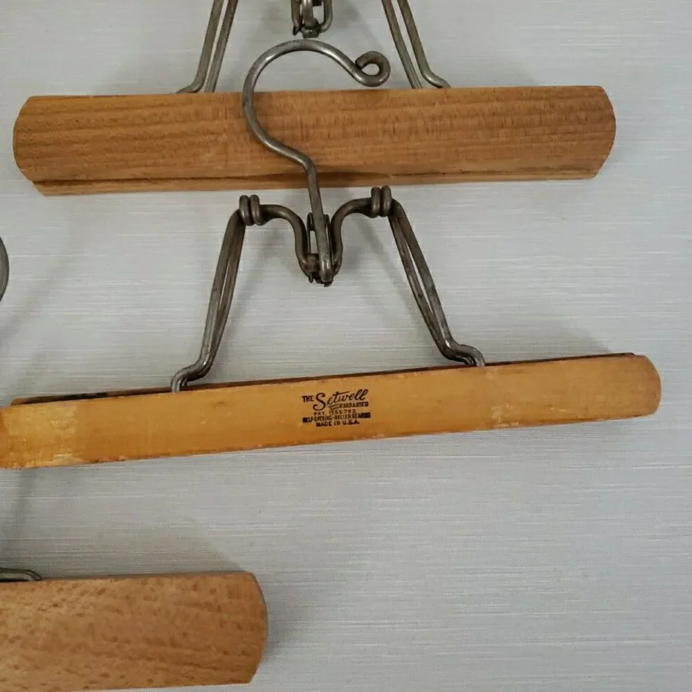 8 Setwell Unbranded Wood Pant Hangers Clamp Hinged Vintage